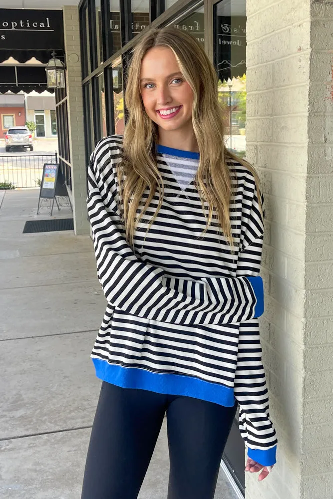 Striped Oversized Contrast Trim Sweatshirt-Blue