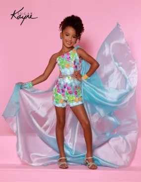 Sugar Kayne C347 Girls Pageant One Shoulder Romper Sequin Mesh Overskirt Fun Fashion Shimmer