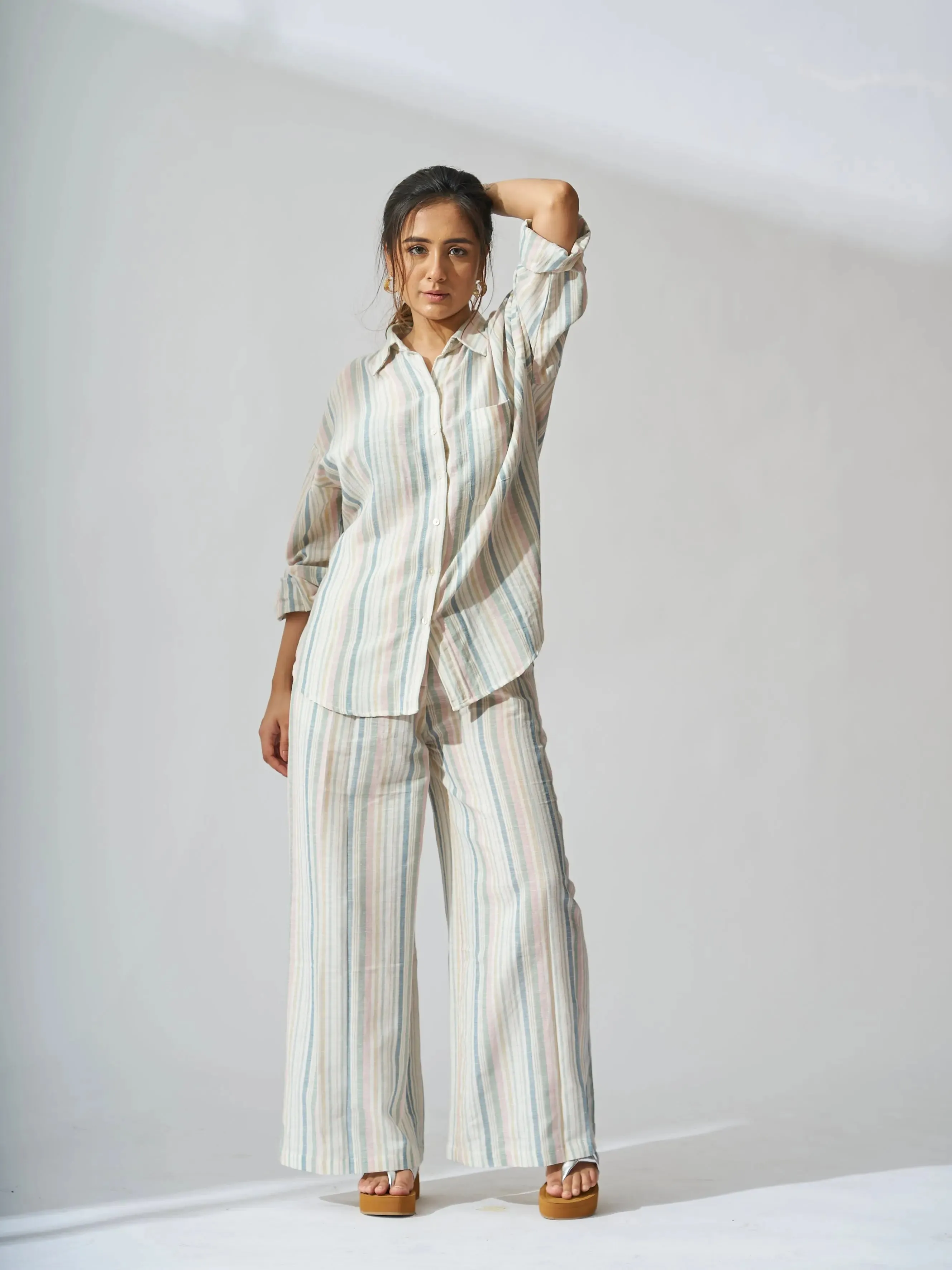 Sunset Striped Linen Shirt with Flared Pants