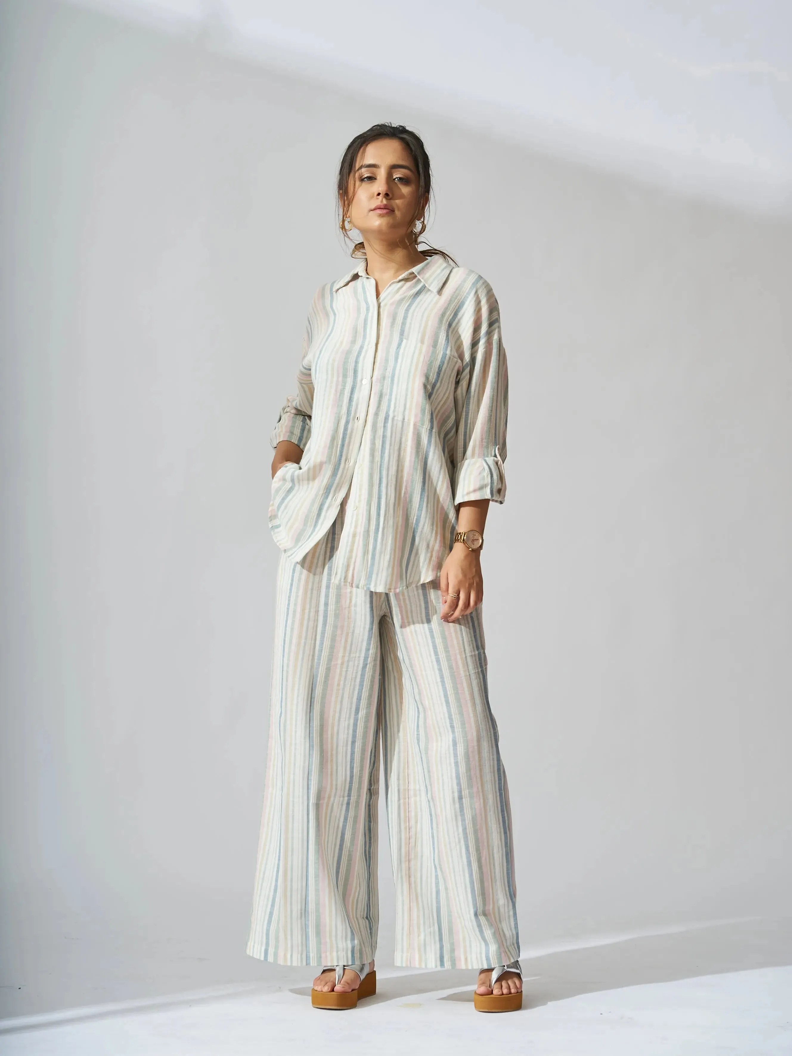 Sunset Striped Linen Shirt with Flared Pants