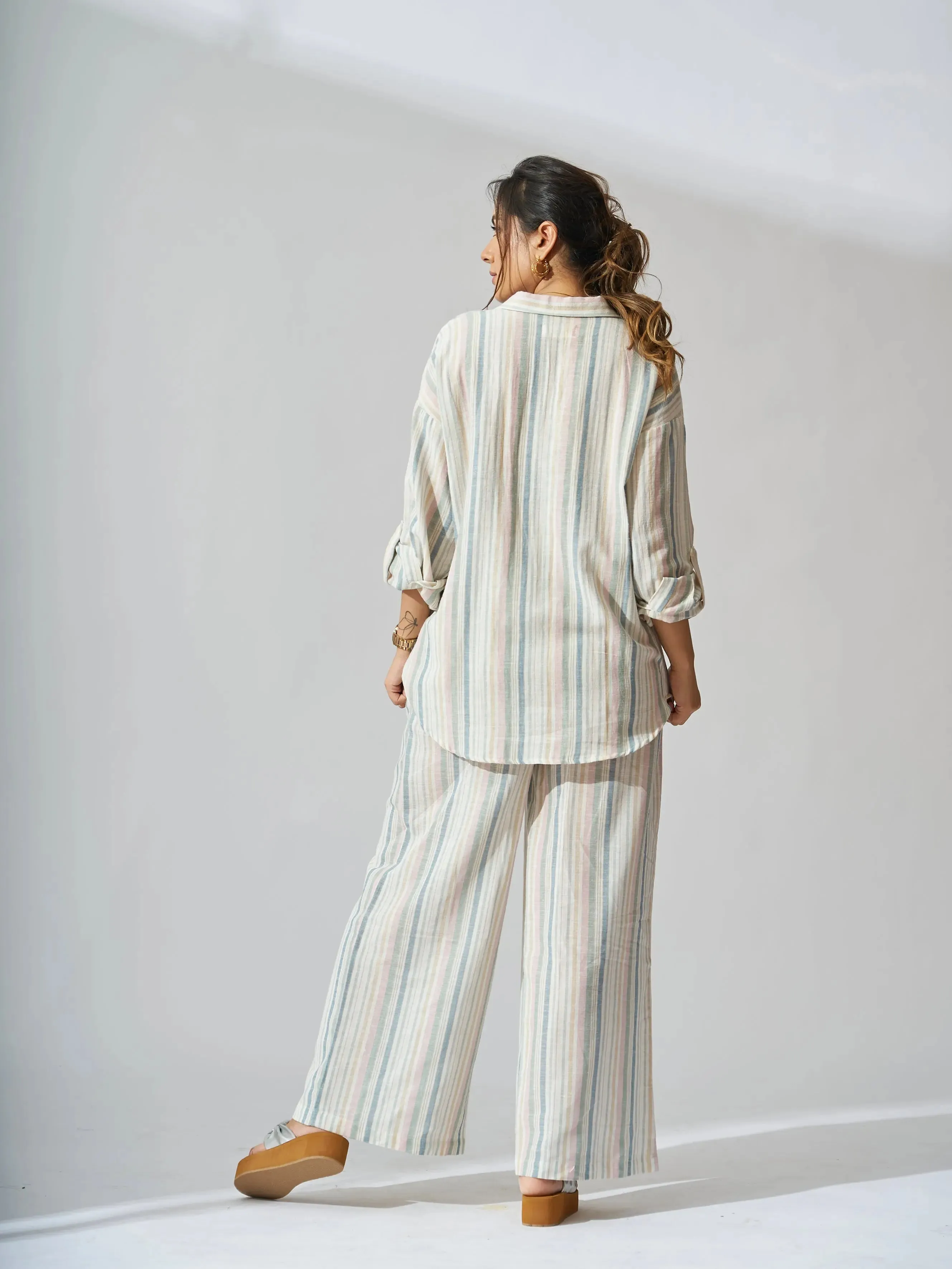 Sunset Striped Linen Shirt with Flared Pants