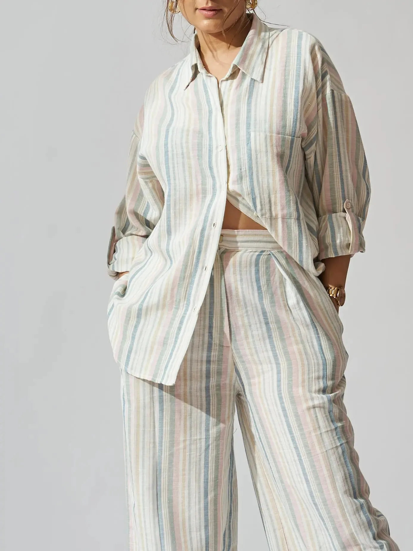 Sunset Striped Linen Shirt with Flared Pants