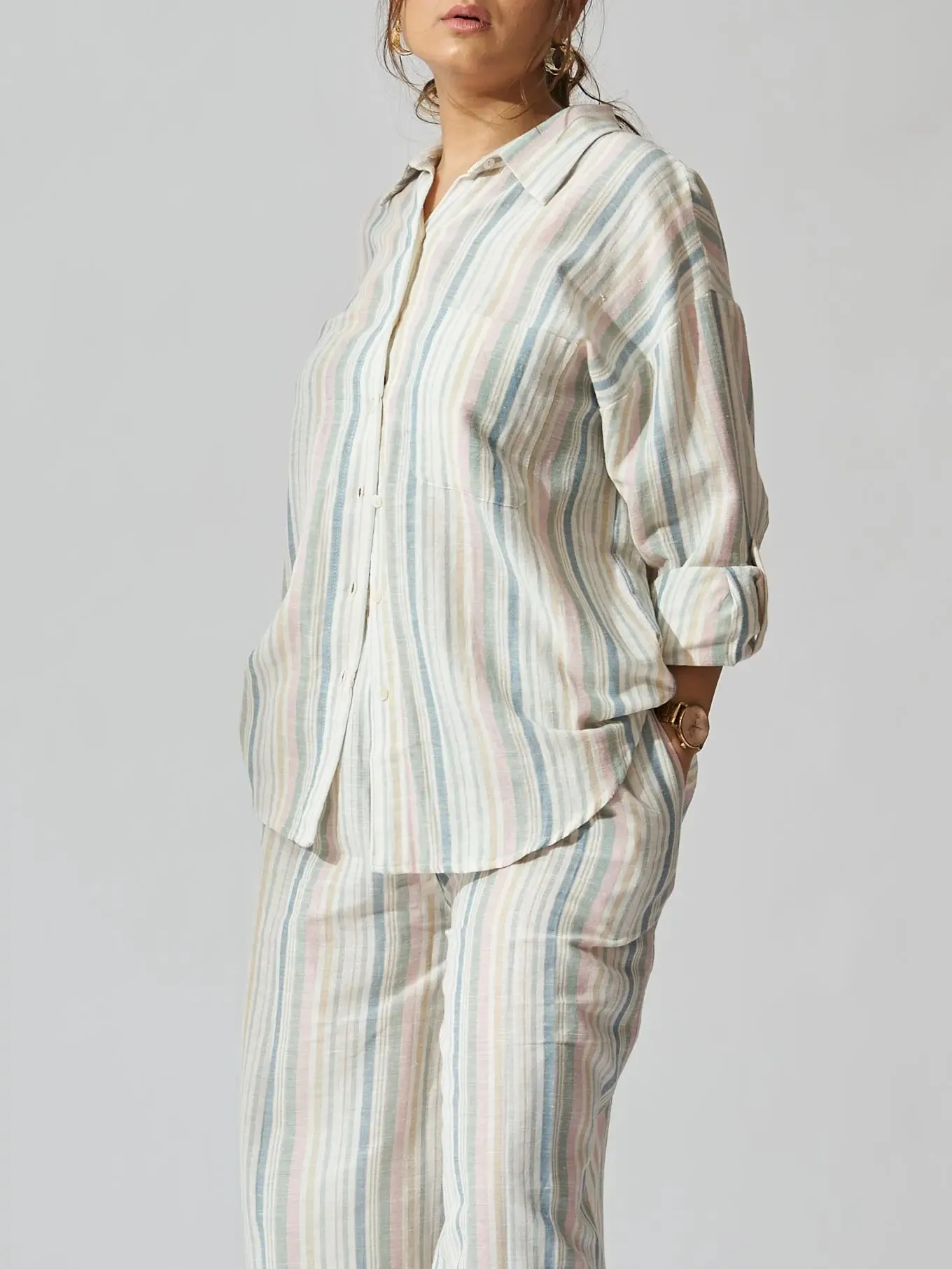 Sunset Striped Linen Shirt with Flared Pants