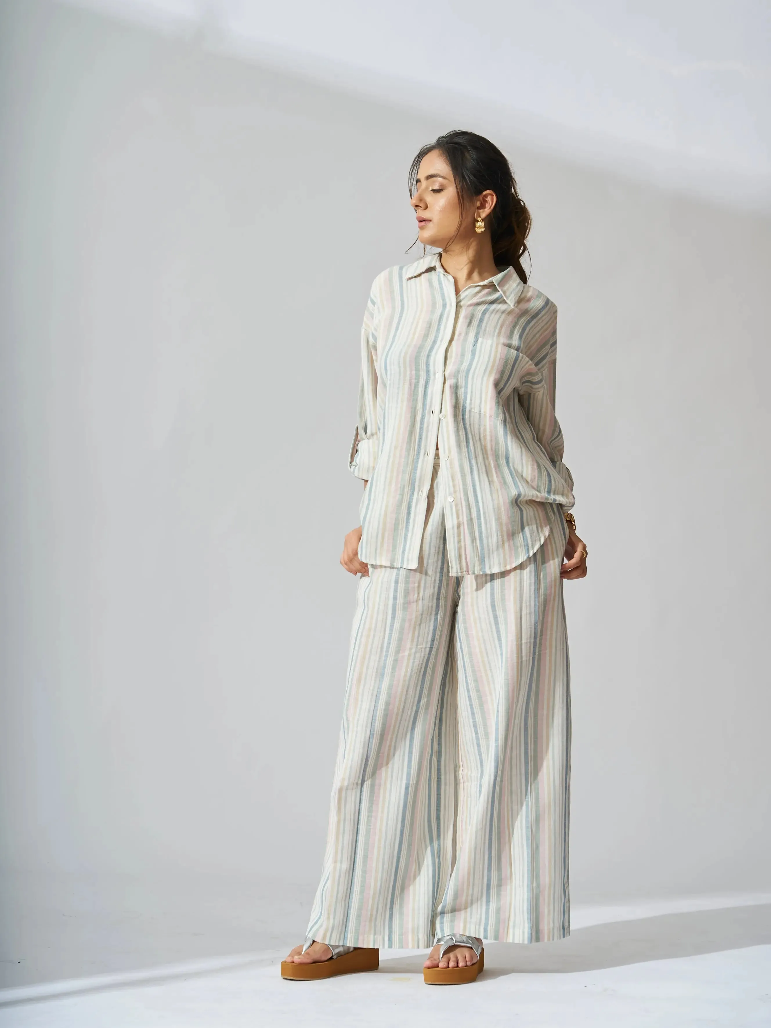 Sunset Striped Linen Shirt with Flared Pants