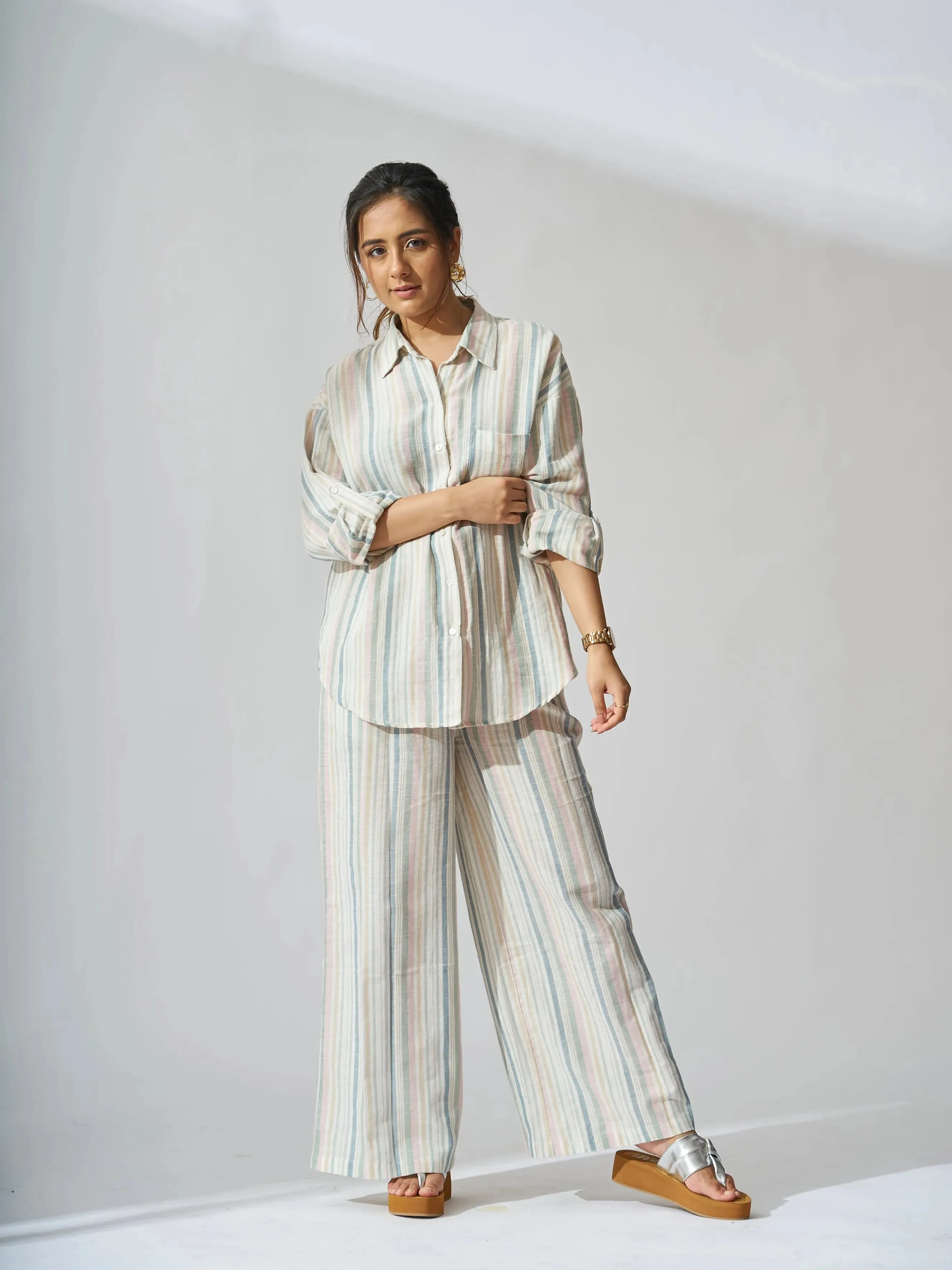 Sunset Striped Linen Shirt with Flared Pants