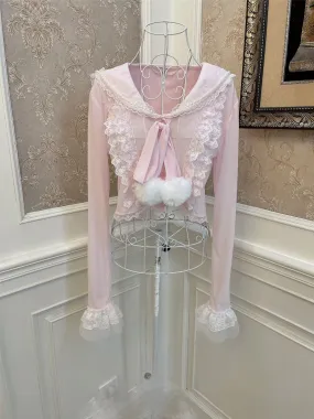 Sweetheart Princess Vintage Coquette Pastel Lace Bow Pink Cardigan Sweater