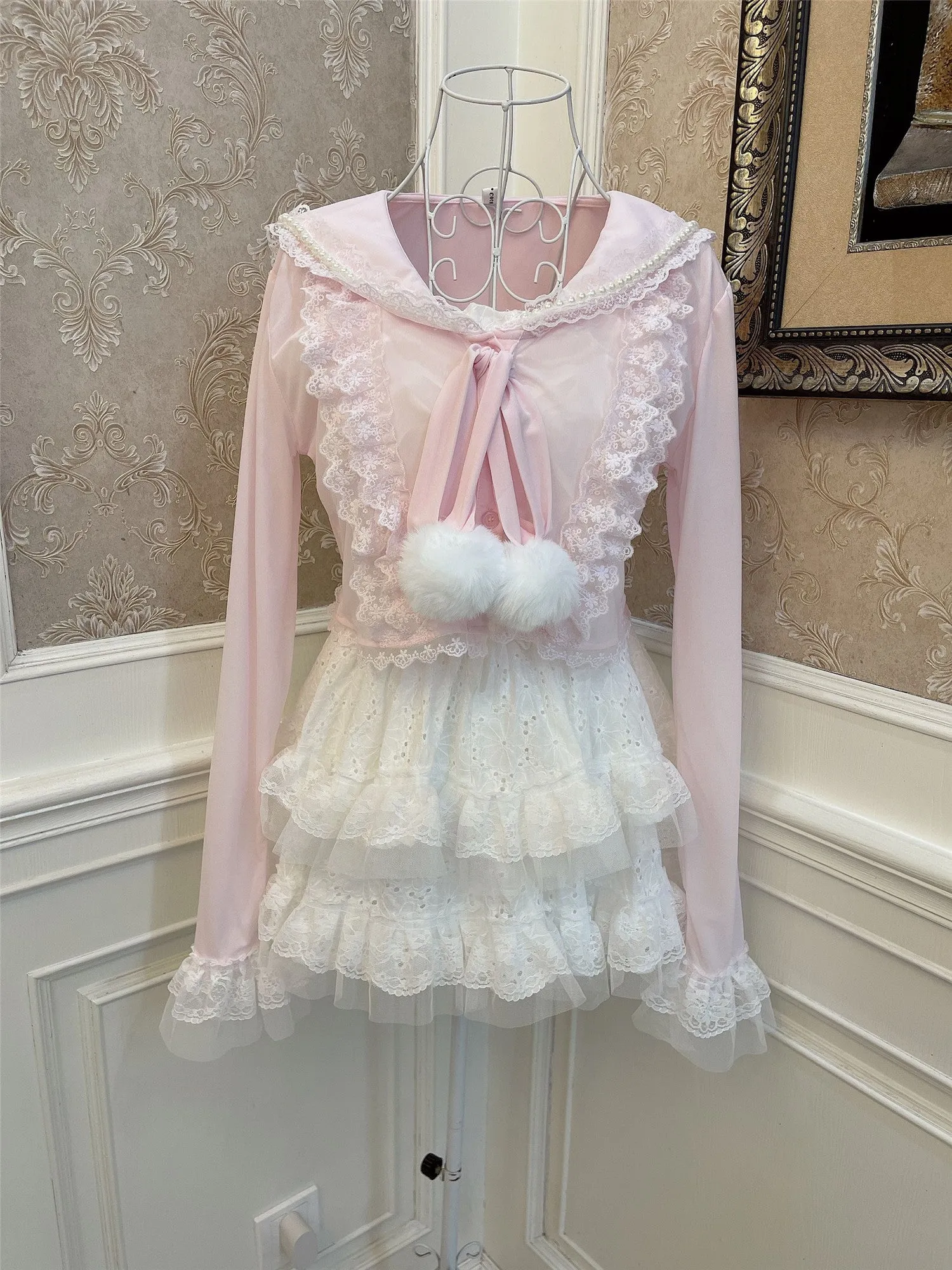 Sweetheart Princess Vintage Coquette Pastel Lace Bow Pink Cardigan Sweater