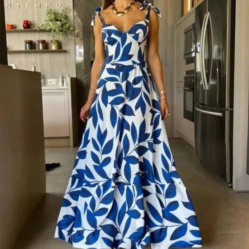 TastyHottie - Blue High Waisted Straps Printed Long Dress