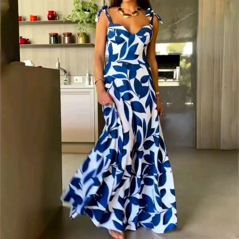 TastyHottie - Blue High Waisted Straps Printed Long Dress