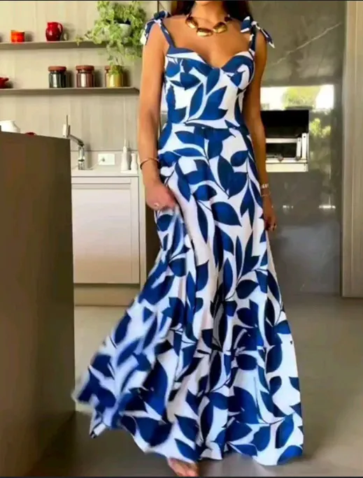 TastyHottie - Blue High Waisted Straps Printed Long Dress