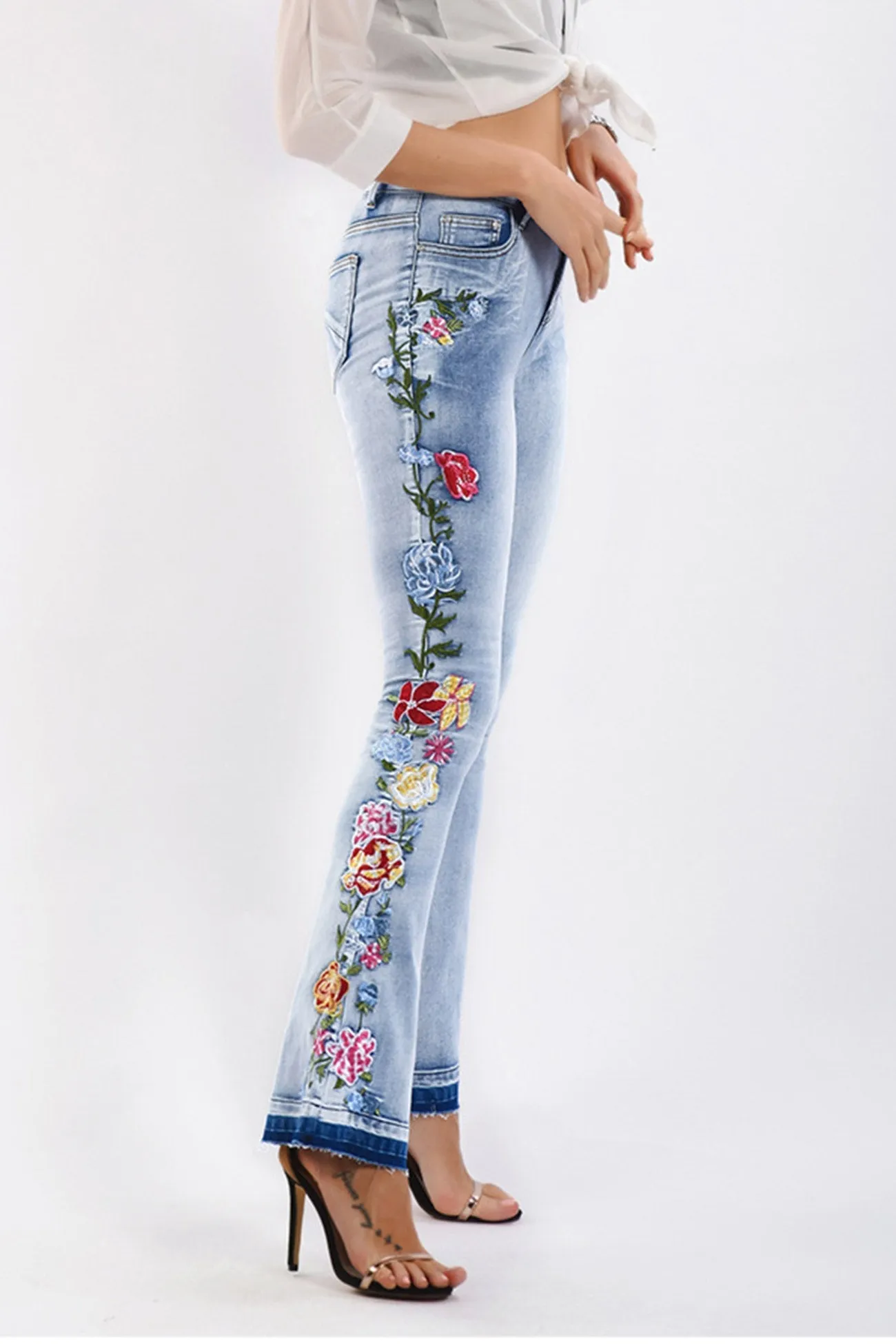 TastyHottie - Embroidery Flared Denim Pants