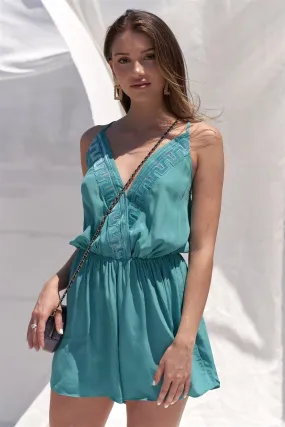 Teal Greek Embroidery Velvet V-Neck Romper /1-2-2-1