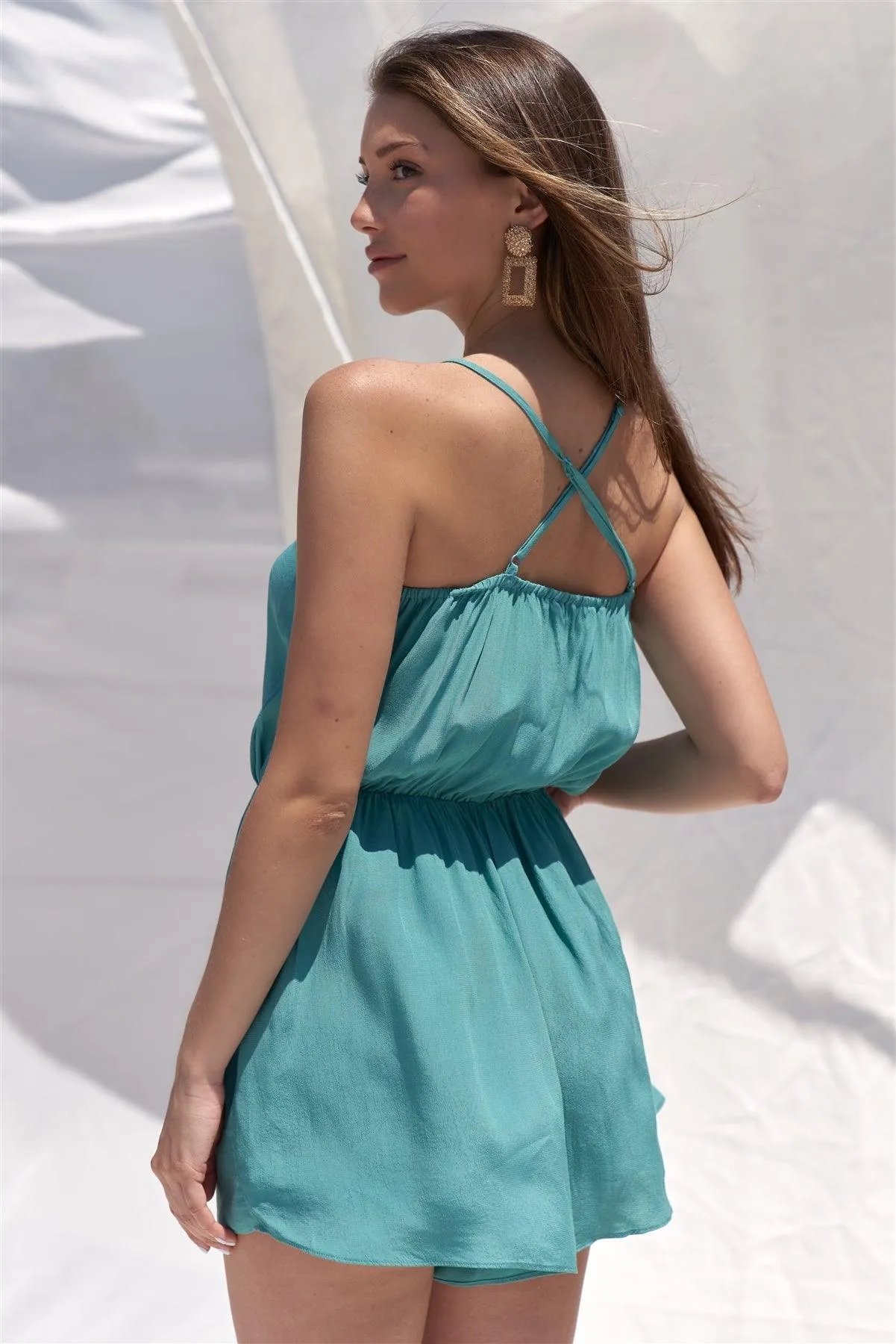 Teal Greek Embroidery Velvet V-Neck Romper /1-2-2-1