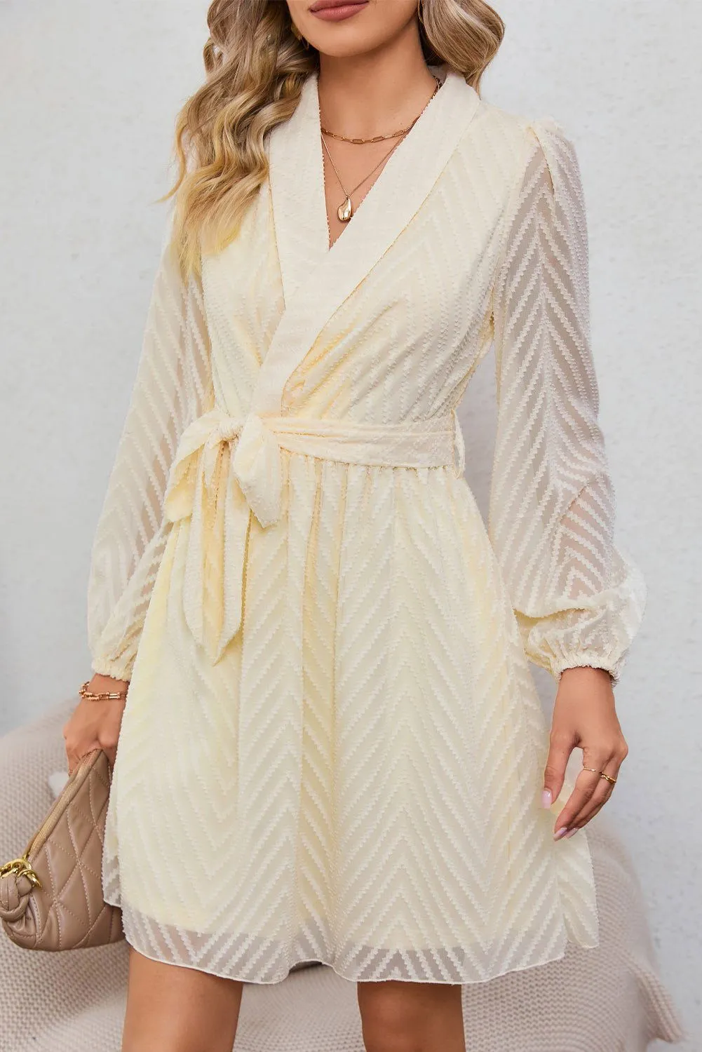 Textured Wrap V Neck Waist Belted Long Sleeve Dress