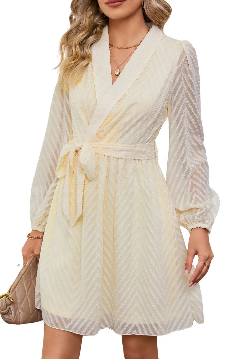 Textured Wrap V Neck Waist Belted Long Sleeve Dress