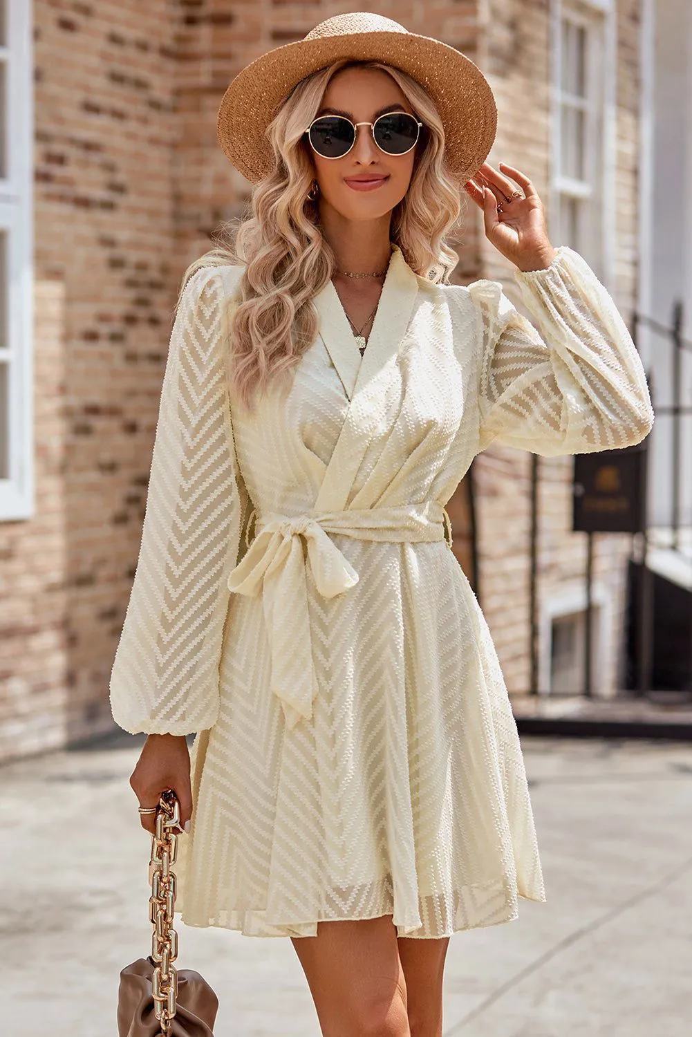 Textured Wrap V Neck Waist Belted Long Sleeve Dress