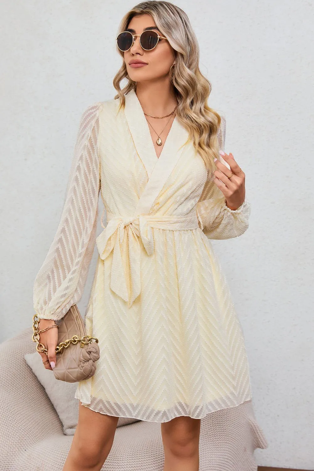 Textured Wrap V Neck Waist Belted Long Sleeve Dress