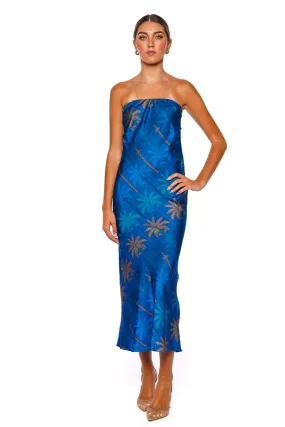 Thara Cobalt Palms Strapless Midi Dresa