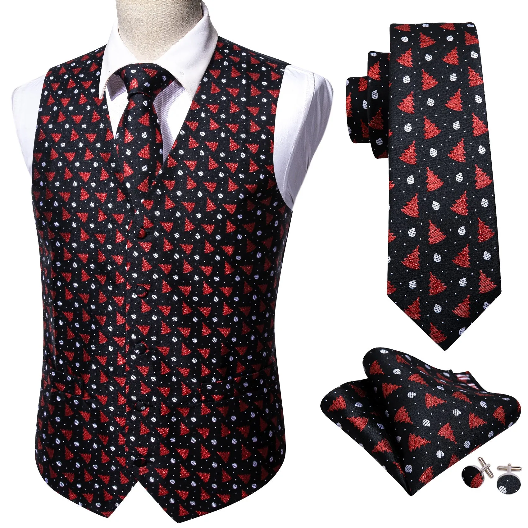 Ties2you Black Tie Waistcoat Christmas Red Xmas Tree Novelty Jacquard Silk Vest Hanky Cufflinks Tie Set for Men