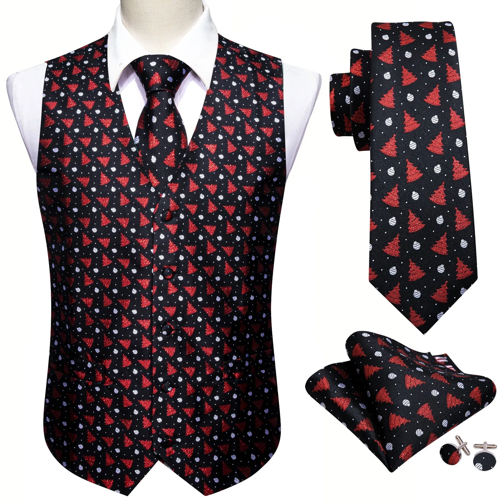 Ties2you Black Tie Waistcoat Christmas Red Xmas Tree Novelty Jacquard Silk Vest Hanky Cufflinks Tie Set for Men