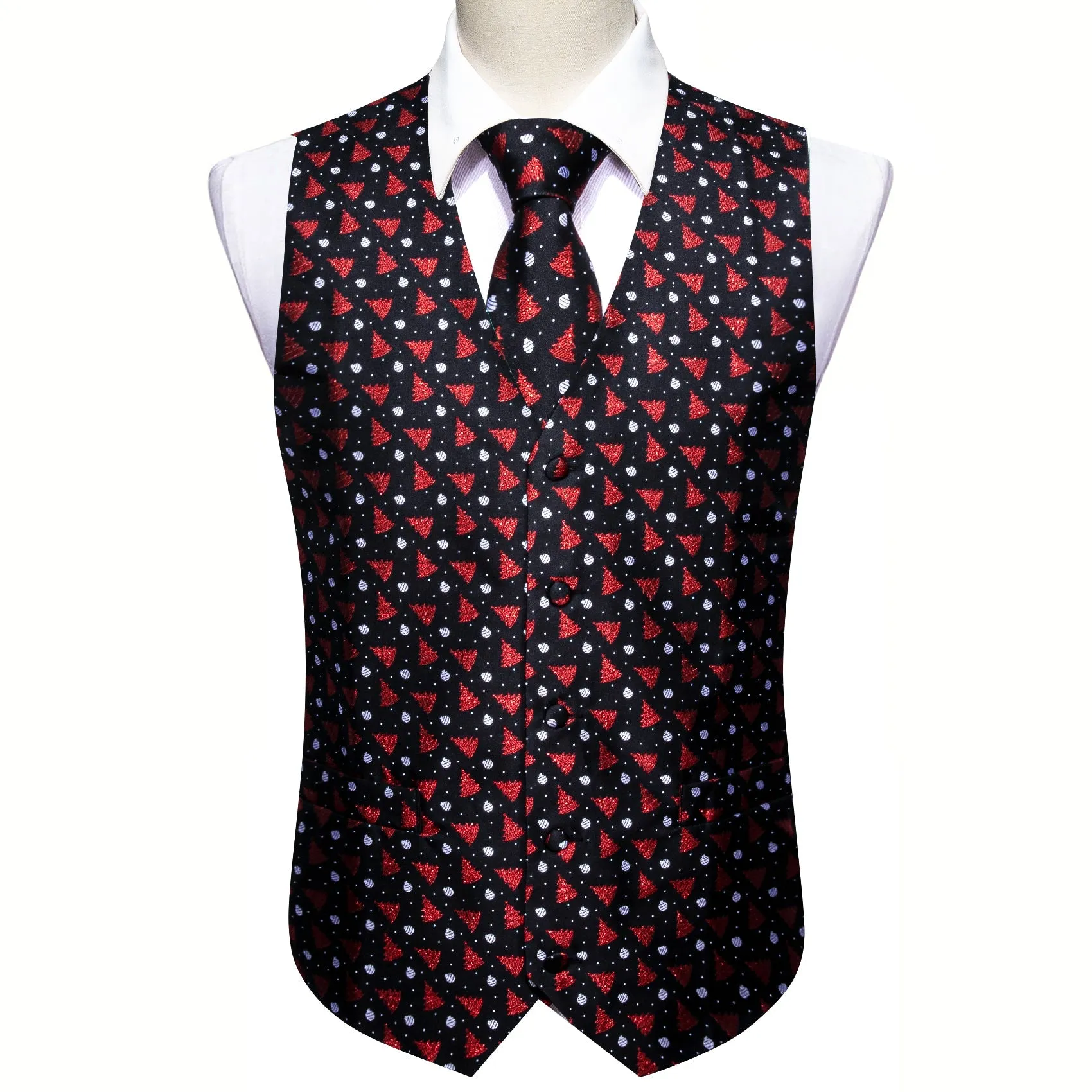 Ties2you Black Tie Waistcoat Christmas Red Xmas Tree Novelty Jacquard Silk Vest Hanky Cufflinks Tie Set for Men