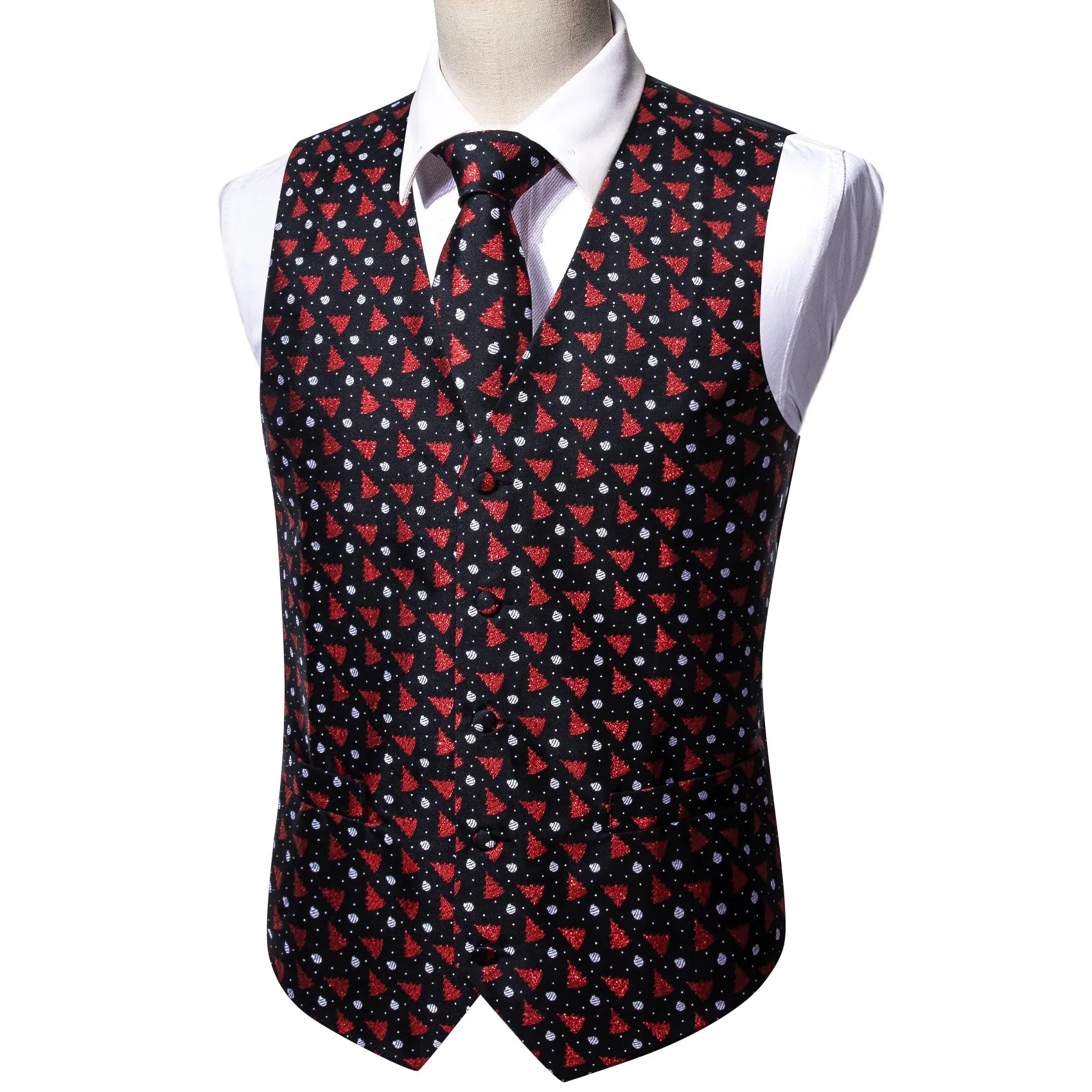 Ties2you Black Tie Waistcoat Christmas Red Xmas Tree Novelty Jacquard Silk Vest Hanky Cufflinks Tie Set for Men