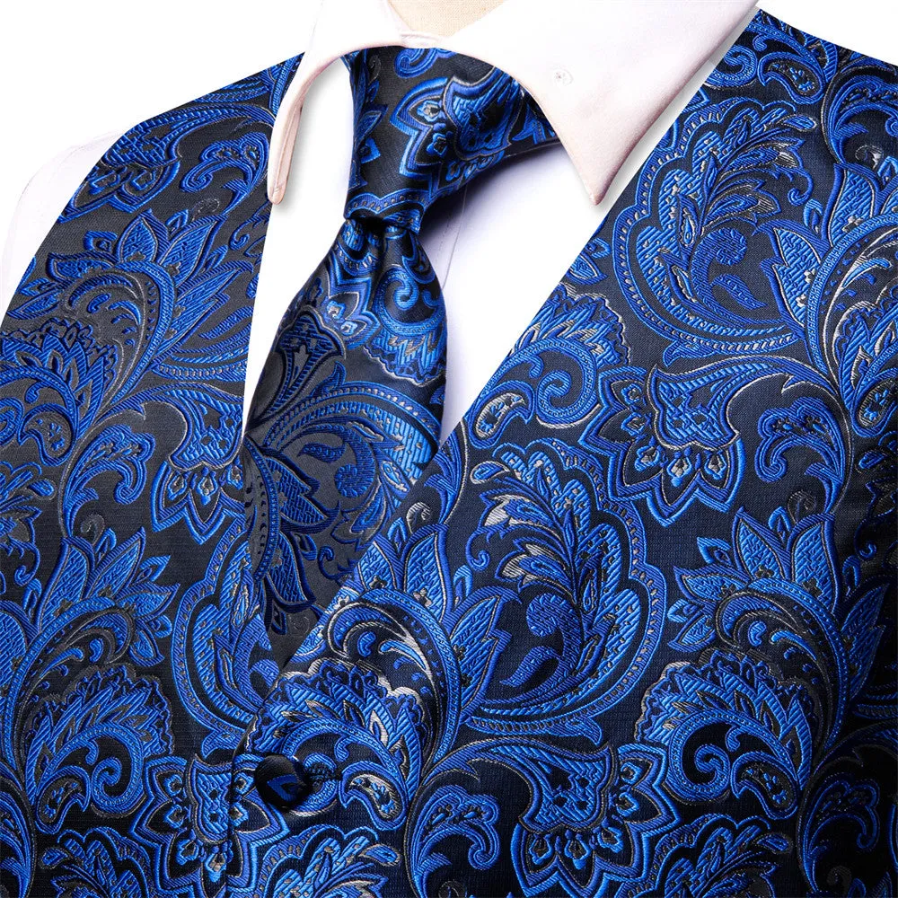 Ties2you Dark Blue Floral V-Neck Silk Vest Necktie Set