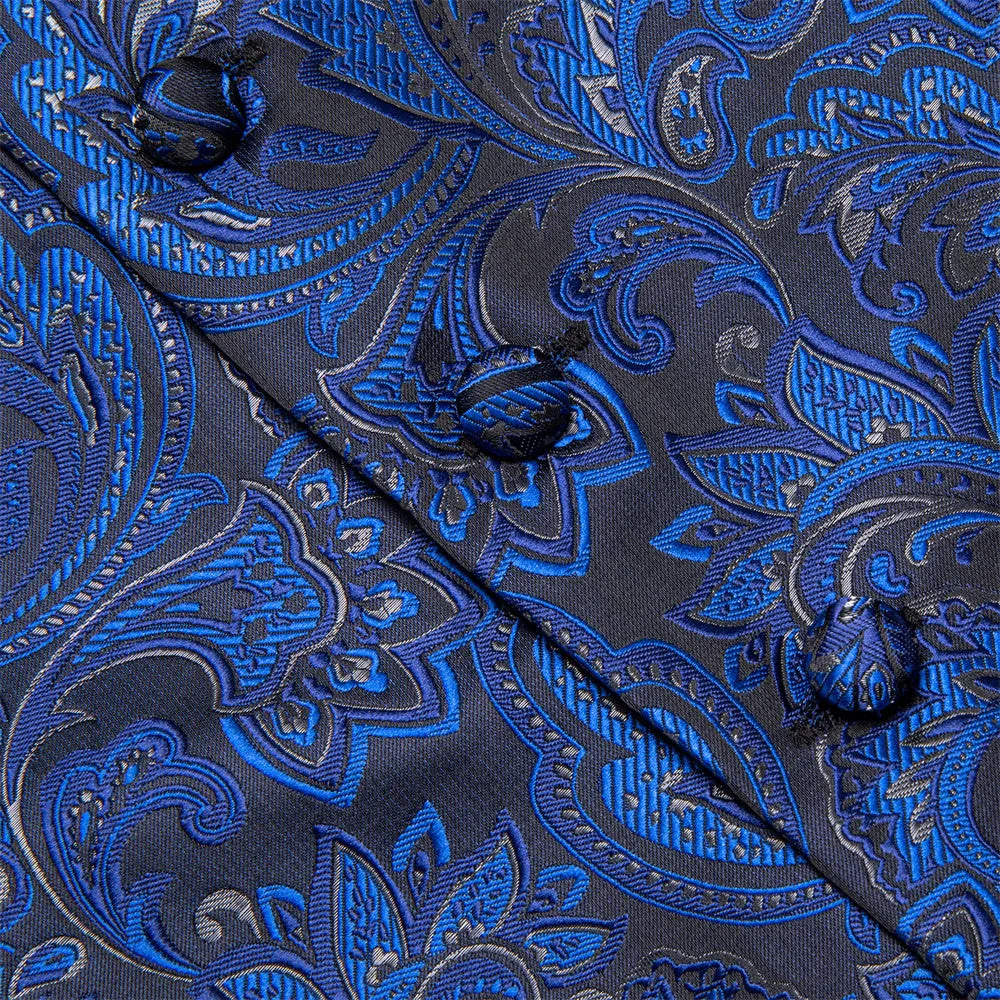 Ties2you Dark Blue Floral V-Neck Silk Vest Necktie Set