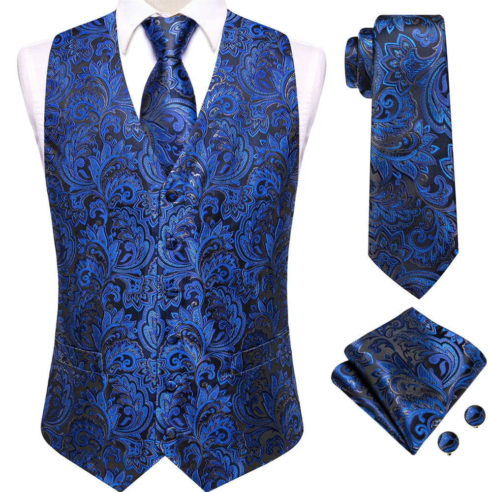 Ties2you Dark Blue Floral V-Neck Silk Vest Necktie Set