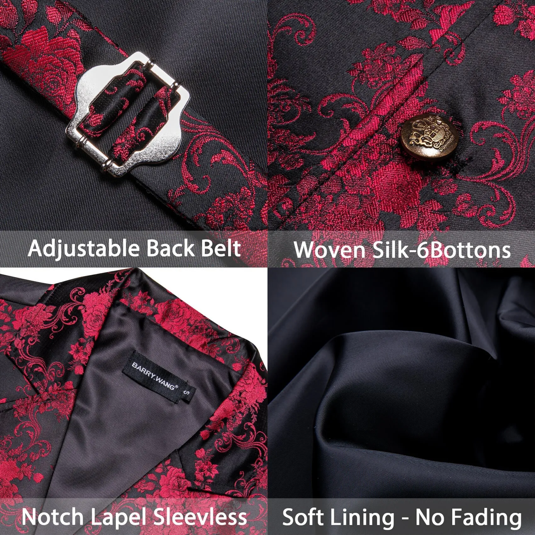 Ties2you Men's Black Vest Red Jacquard Floral Silk Notch Collar Vest