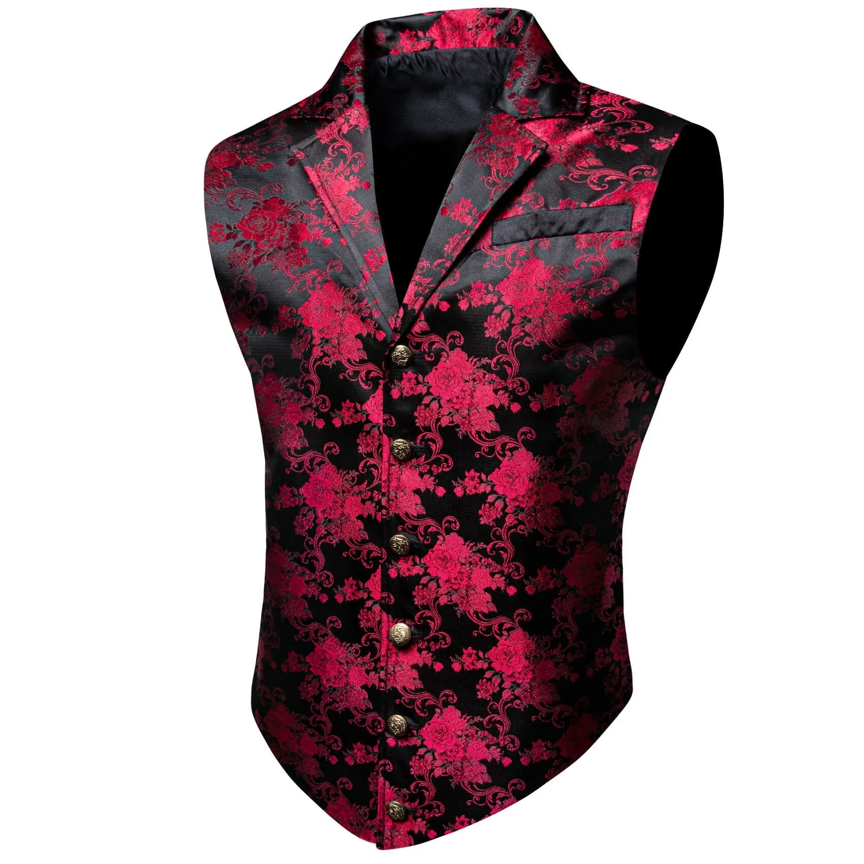 Ties2you Men's Black Vest Red Jacquard Floral Silk Notch Collar Vest