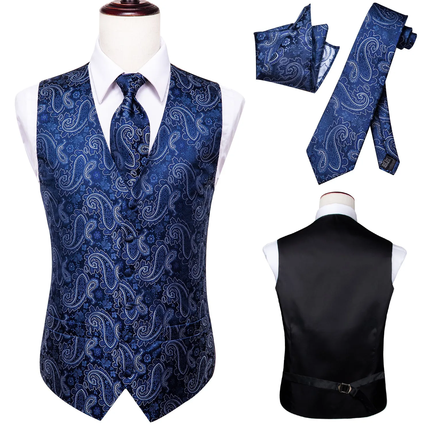 Ties2you Vest for Men Navy Blue Paisley Vest Tie Hanky Cufflinks Set Waistcoat Suit Set