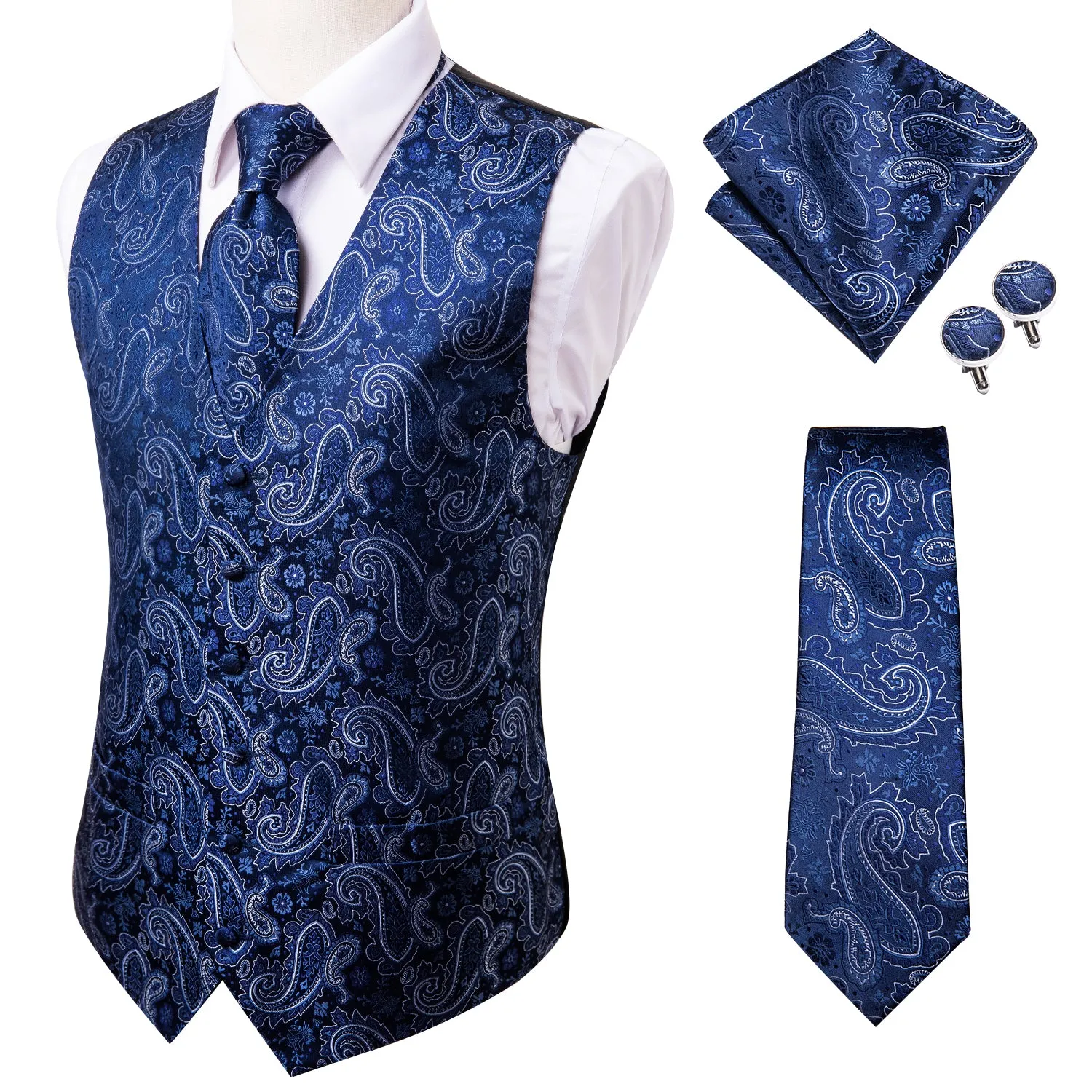 Ties2you Vest for Men Navy Blue Paisley Vest Tie Hanky Cufflinks Set Waistcoat Suit Set