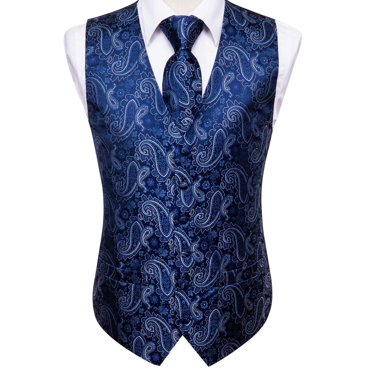 Ties2you Vest for Men Navy Blue Paisley Vest Tie Hanky Cufflinks Set Waistcoat Suit Set