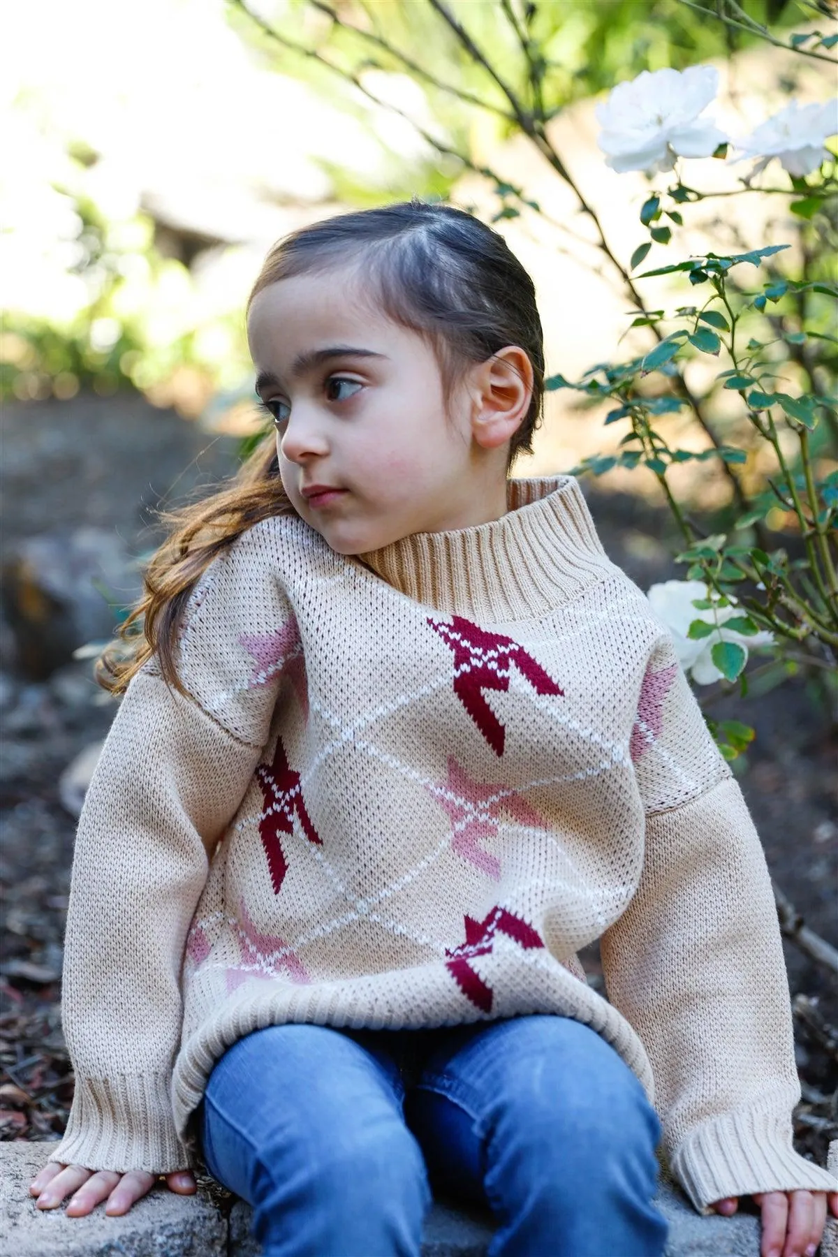 Toddler Girls Taupe Contrast Diamond Knit Turtle Neck Sweater /2-3