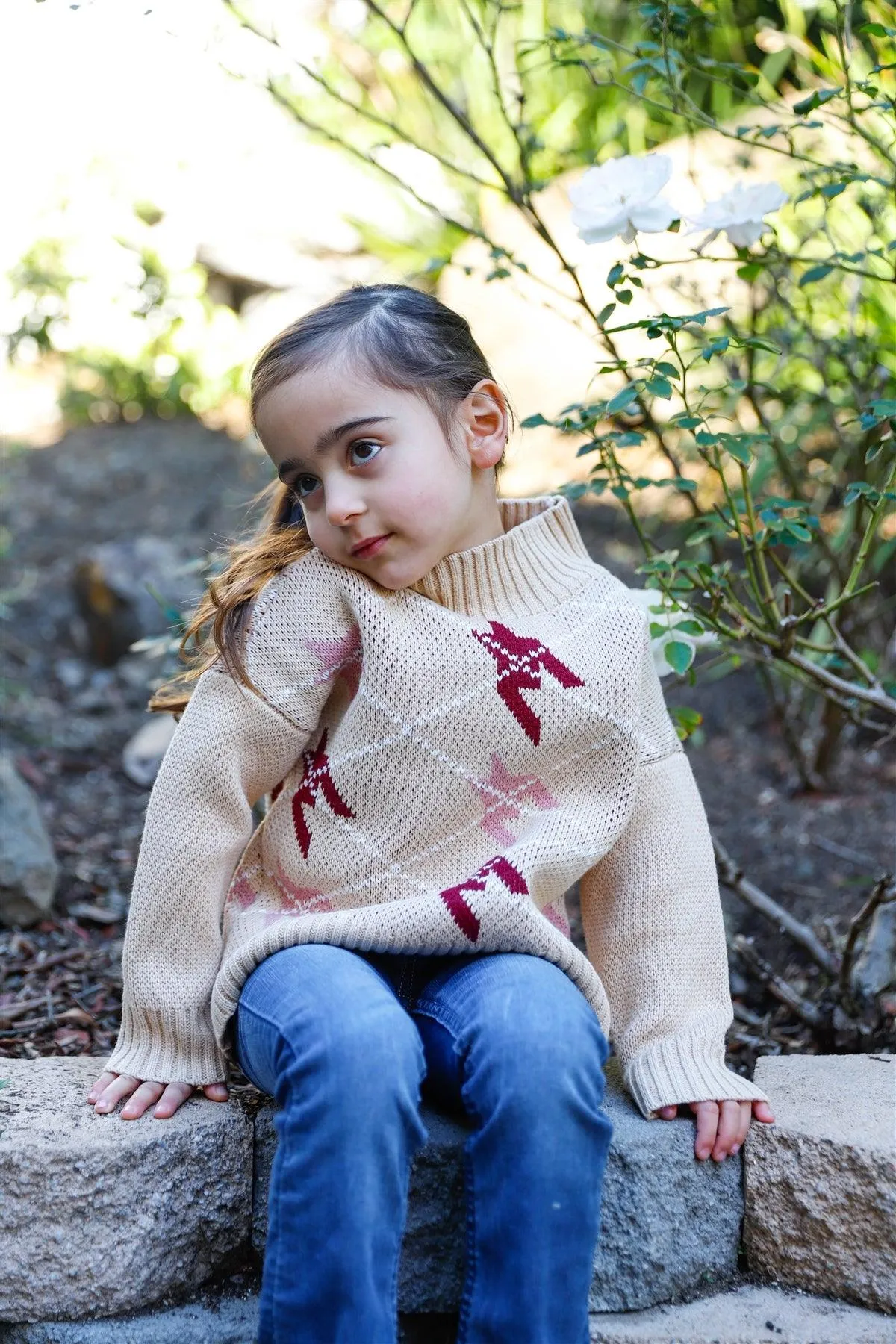 Toddler Girls Taupe Contrast Diamond Knit Turtle Neck Sweater /2-3