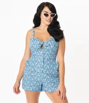 Unique Vintage 1960s Cotton Chambray Floral Eyelet Hayward Romper