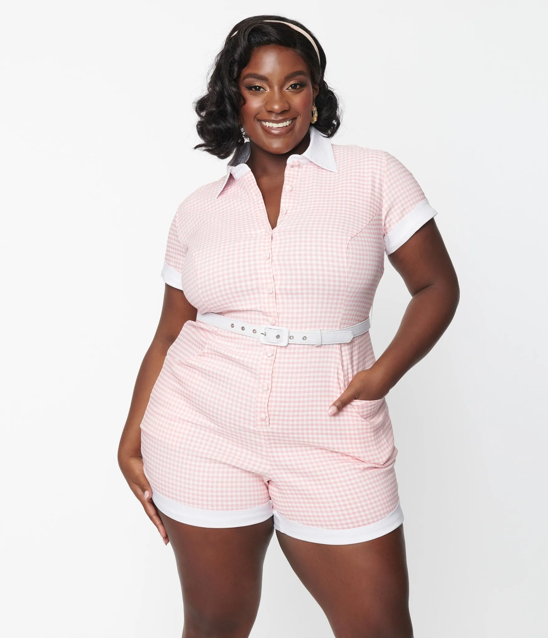 Unique Vintage Plus Size Pink & White Gingham Patsy Romper