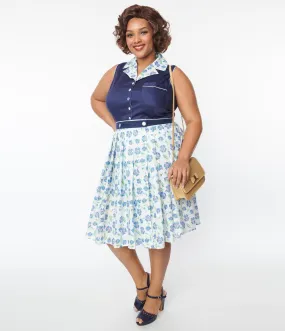 Unique Vintage Plus Size White & Blue Floral Eyelet Collins Wrap Swing Skirt