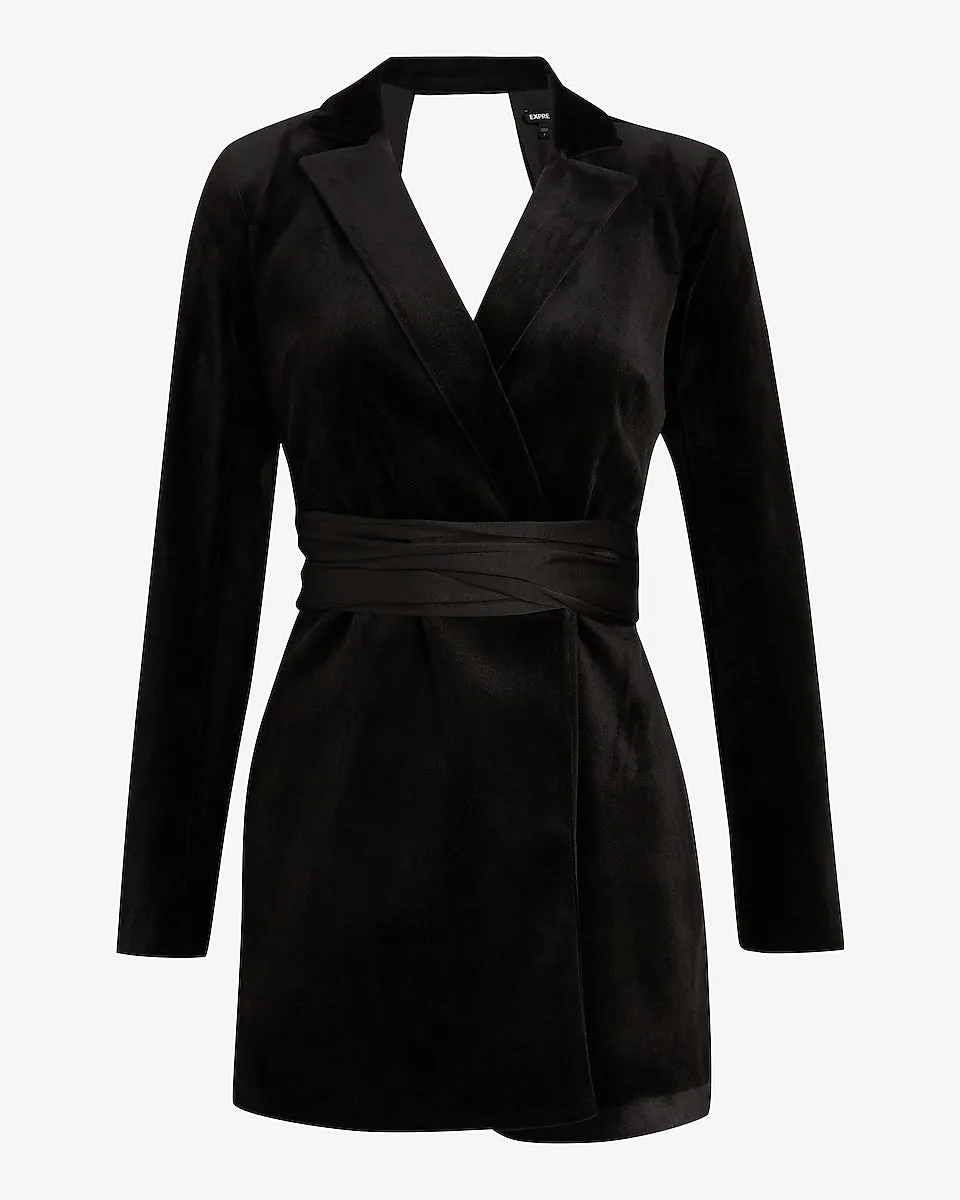 Velvet Padded Shoulder Wrap Belt Open Back Blazer Romper in Pitch Black