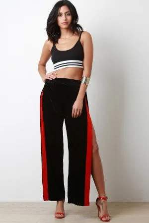 Velvet Striped Trim Side Slit Wide Leg Pants