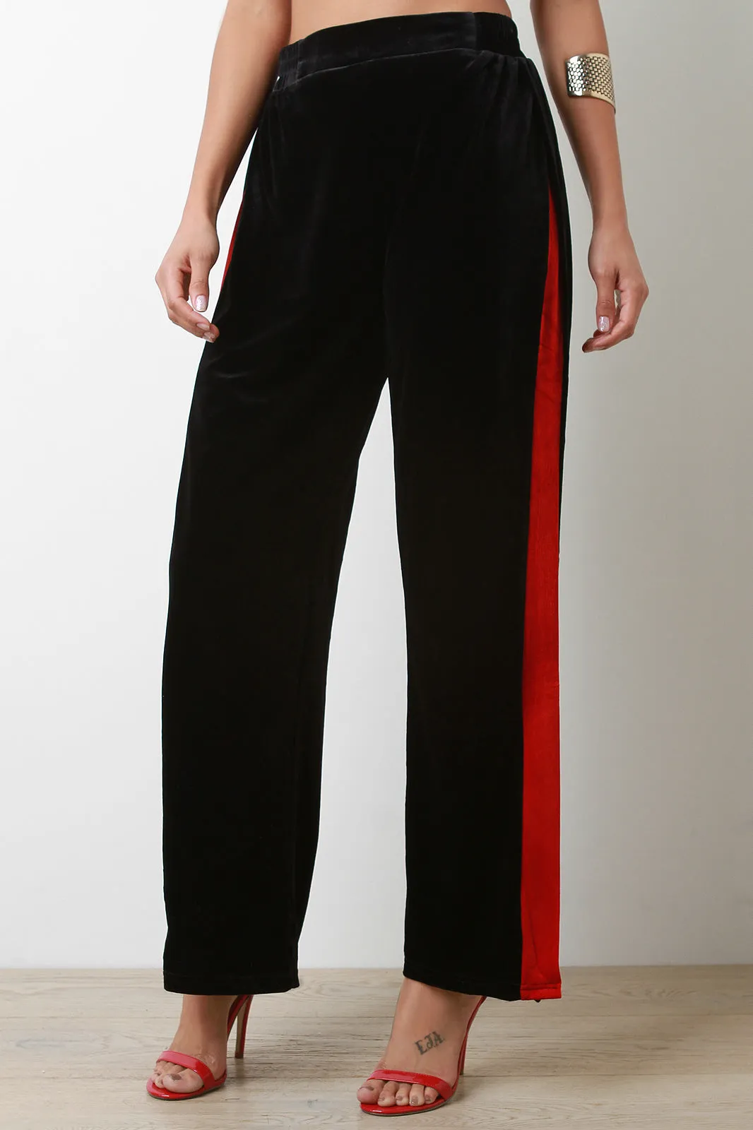 Velvet Striped Trim Side Slit Wide Leg Pants