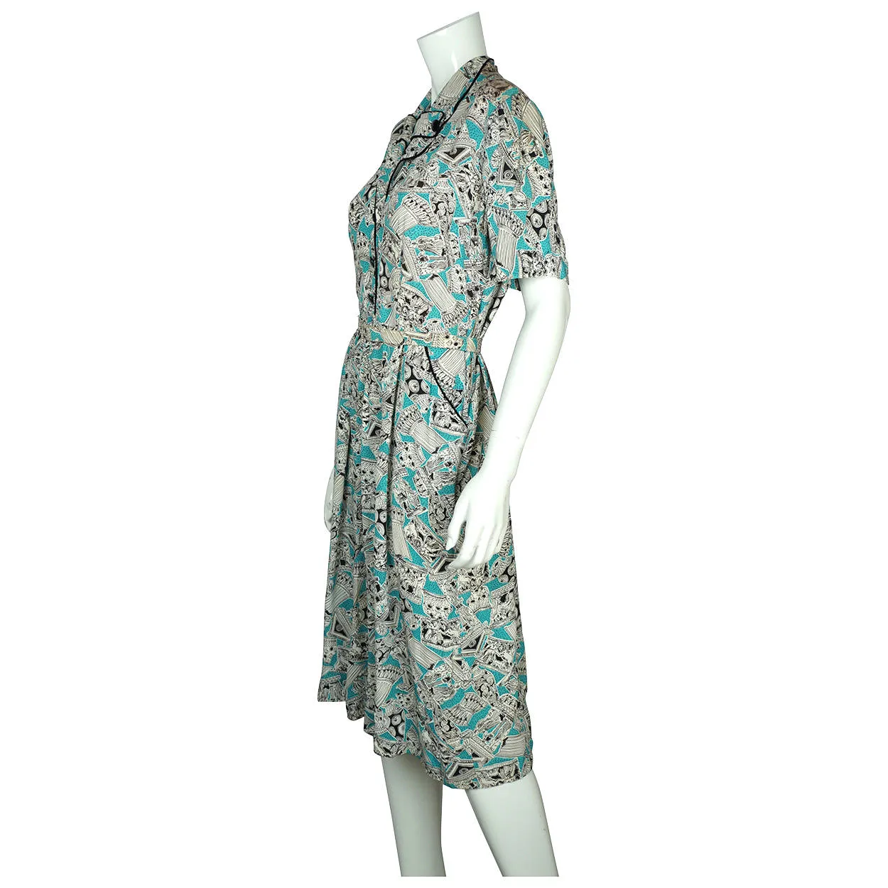 Vintage 1940s Novelty Print Dress Greco Roman Pattern Rayon Crepe Fabric As Is