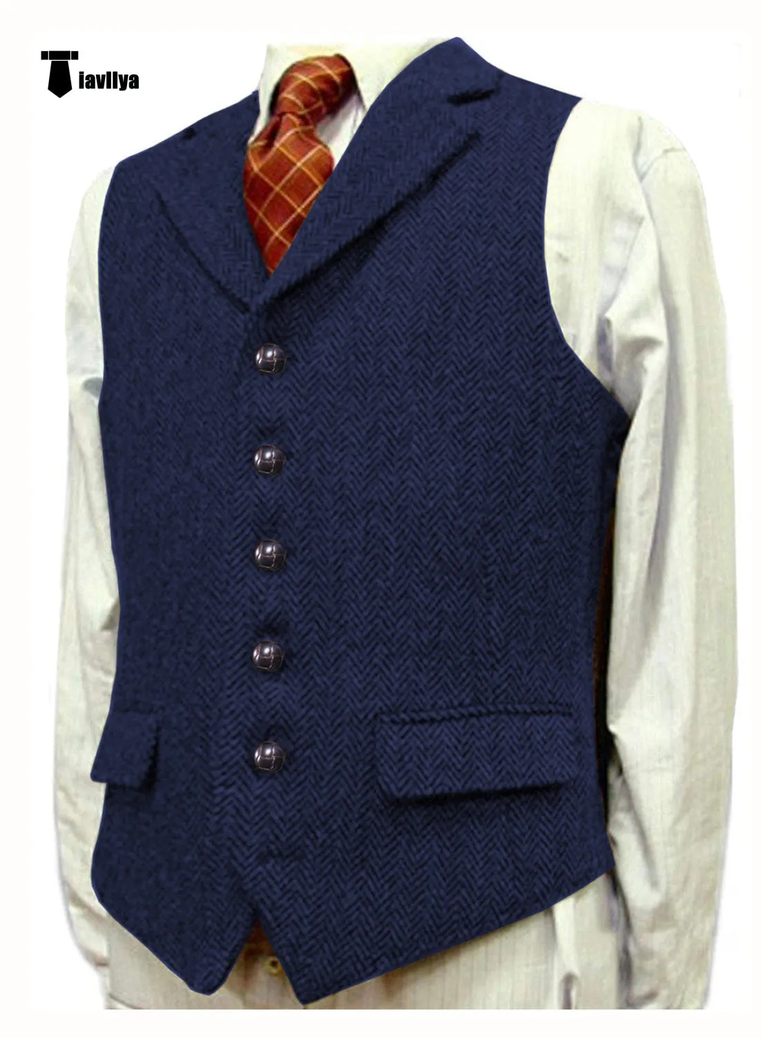 Vintage Classical Men's Classic Tweed Herringbone Notch Lapel Waistcoat