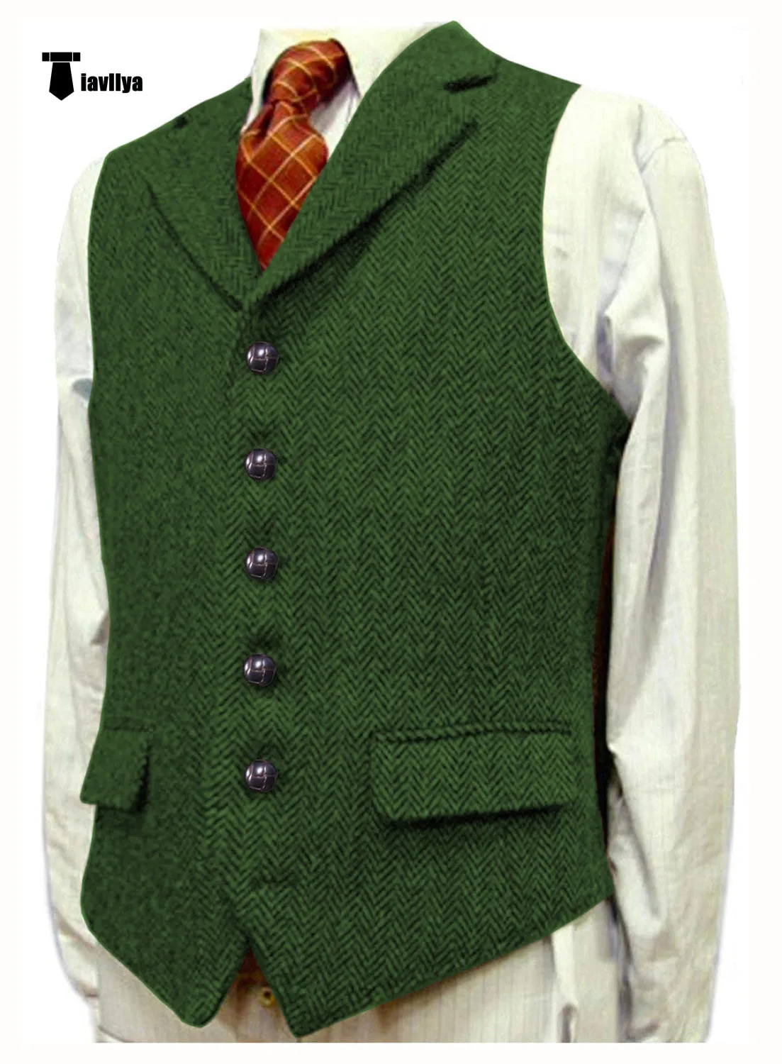 Vintage Classical Men's Classic Tweed Herringbone Notch Lapel Waistcoat