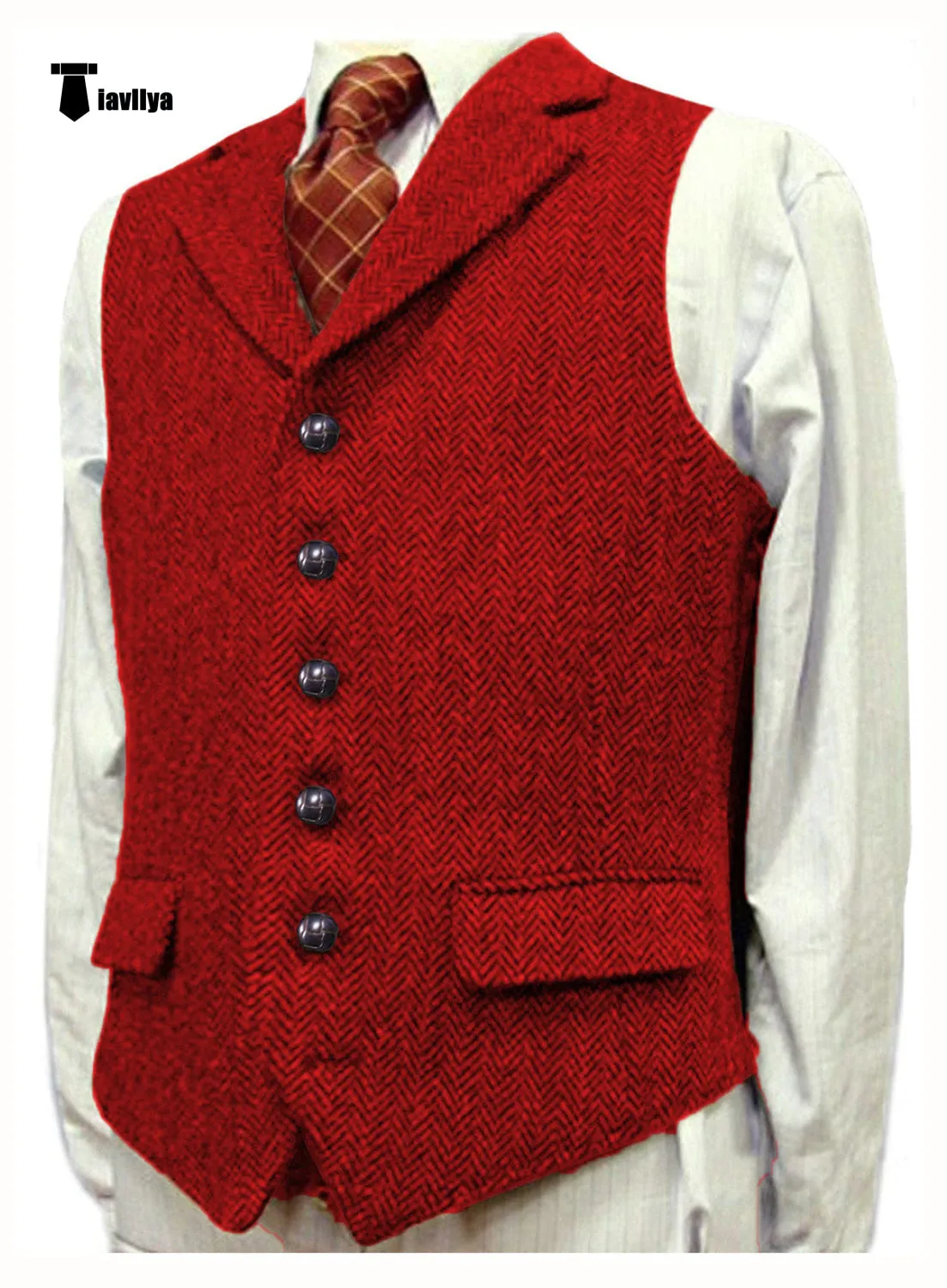 Vintage Classical Men's Classic Tweed Herringbone Notch Lapel Waistcoat