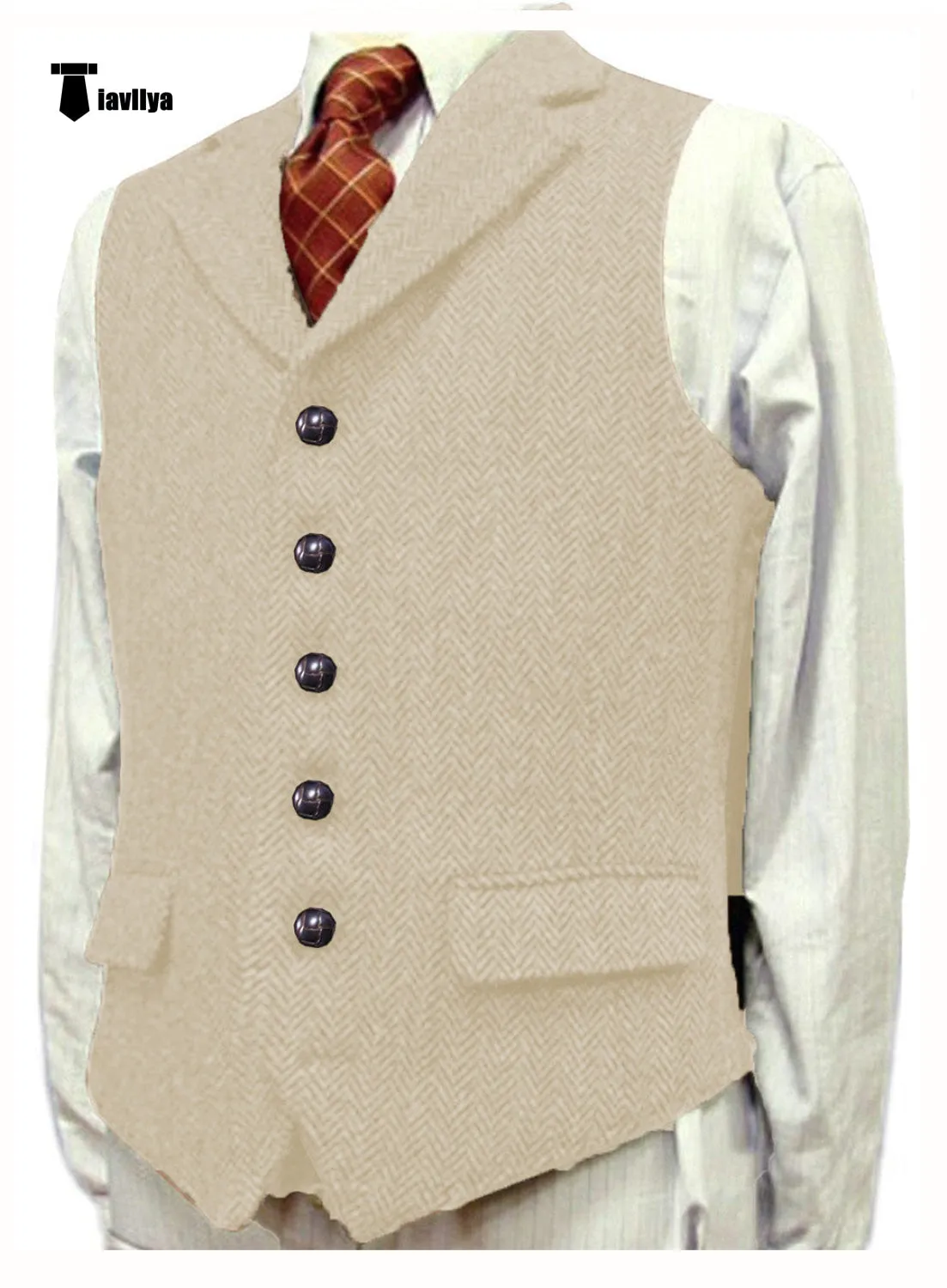 Vintage Classical Men's Classic Tweed Herringbone Notch Lapel Waistcoat