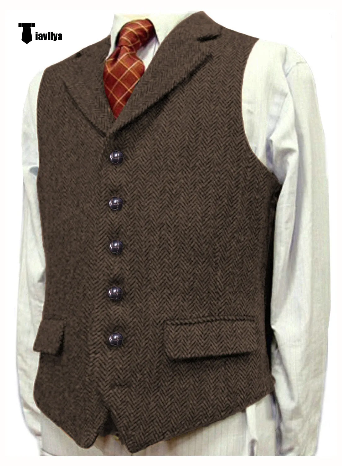 Vintage Classical Men's Classic Tweed Herringbone Notch Lapel Waistcoat