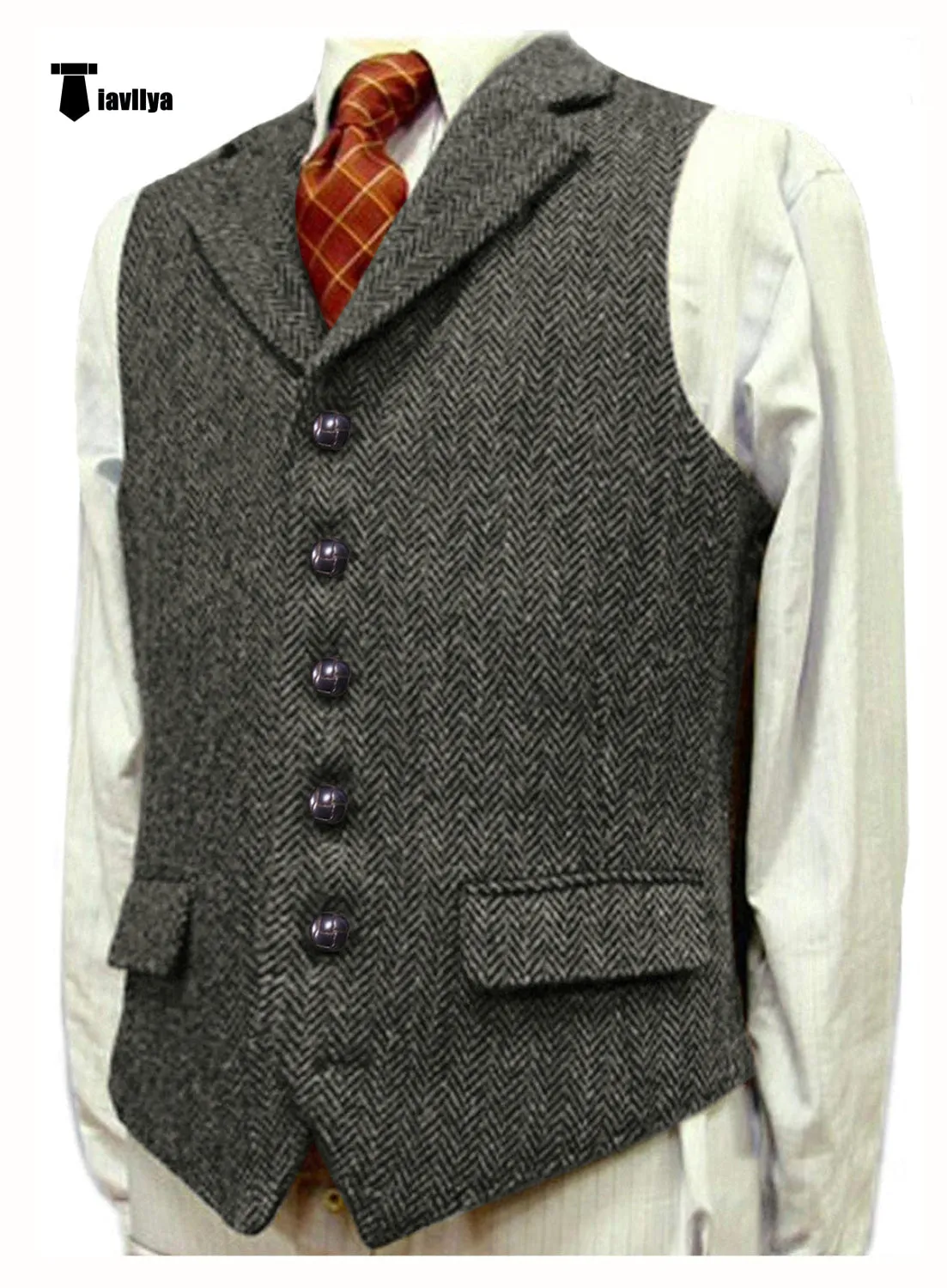 Vintage Classical Men's Classic Tweed Herringbone Notch Lapel Waistcoat