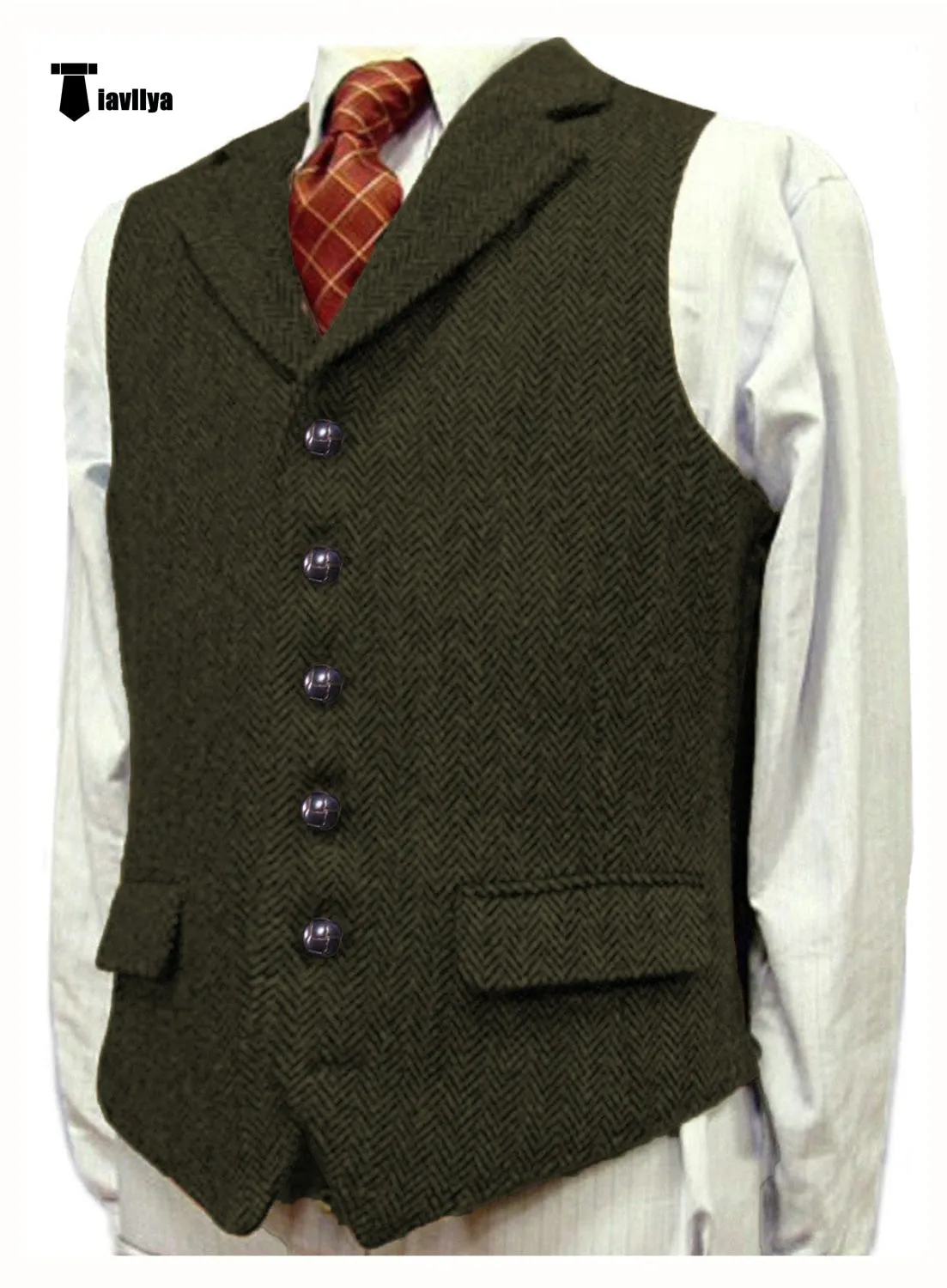 Vintage Classical Men's Classic Tweed Herringbone Notch Lapel Waistcoat